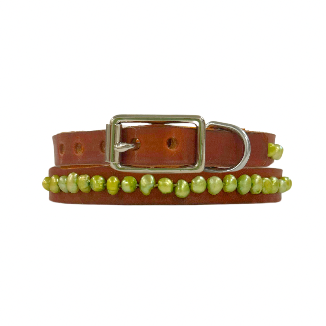 Pearl Green Leather Cat Collar / XS Dog Collar