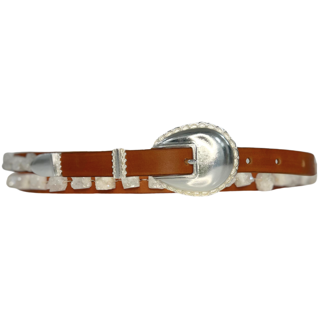 White Druzy Leather Belt