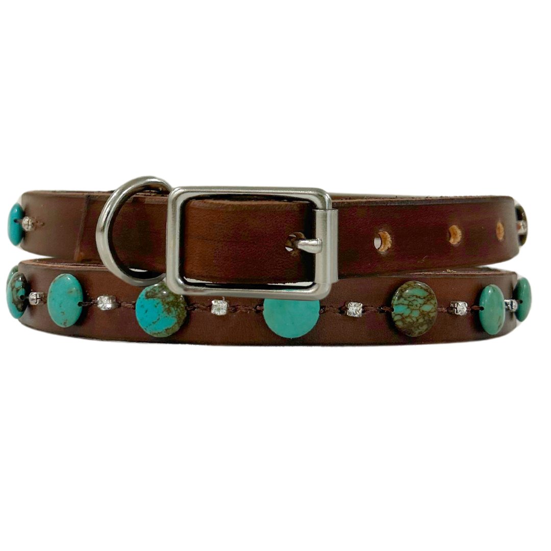 Turquoise Coin Dark Leather Dog Collar