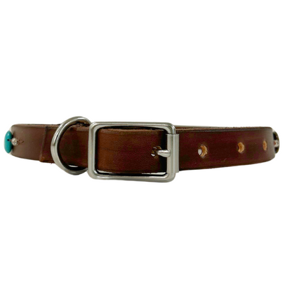 Turquoise Coin Dark Leather Dog Collar