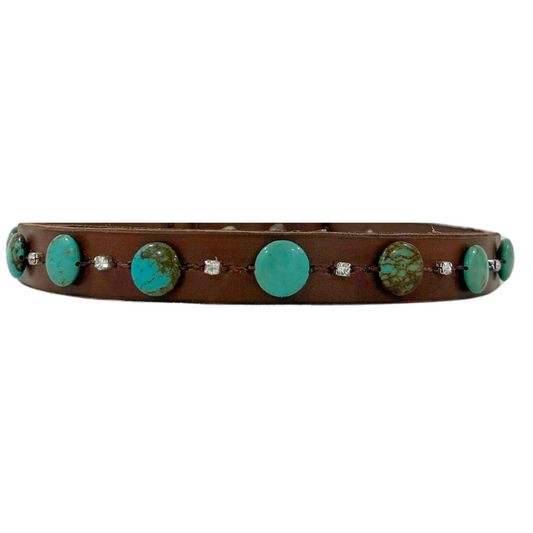 Turquoise Coin Dark Leather Dog Collar